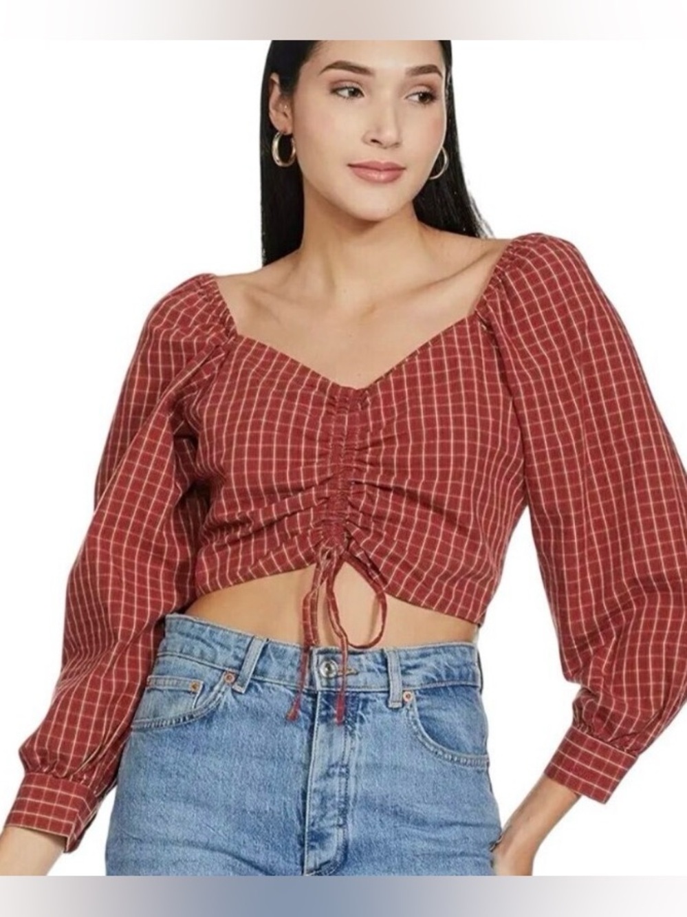 Levi's Women’s Large Western Plaid Ruched Front Cotton Long Sleeve Crop Top